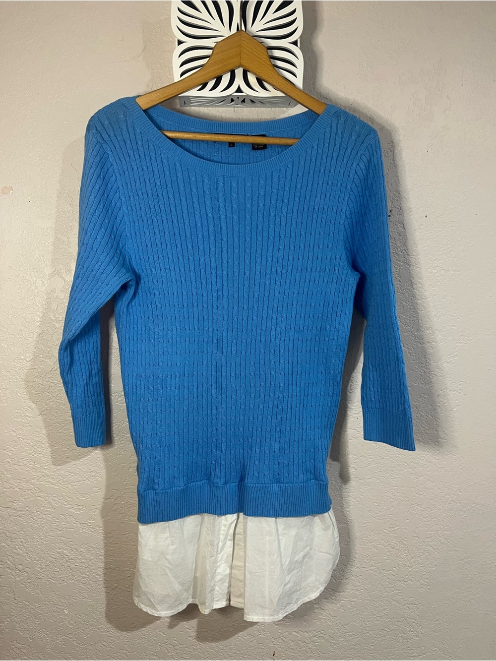 JEANNE PIERRE Blue Ribbed Crew Neck Sweater with White Shirt Hem